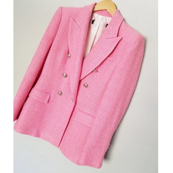 Zara Pink Tweed Textured Double Breasted Blazer Jacket Size S 7553/687 Barbie - Picture 8 of 16